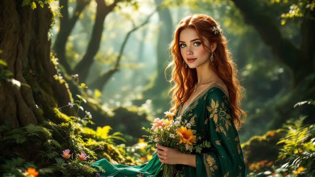 Hyperrealistic portrait of a young woman in a vibrant forest. Long wavy auburn hair. Emerald green eyes. Flowing gown in forest green and gold with embroidery. Serene expression with a slight smile. Holds a bouquet of wildflowers. Graceful pose. Rich forest details with ancient trees and ferns. Misty atmosphere with sunlight beams. Warm cinematic lighting.