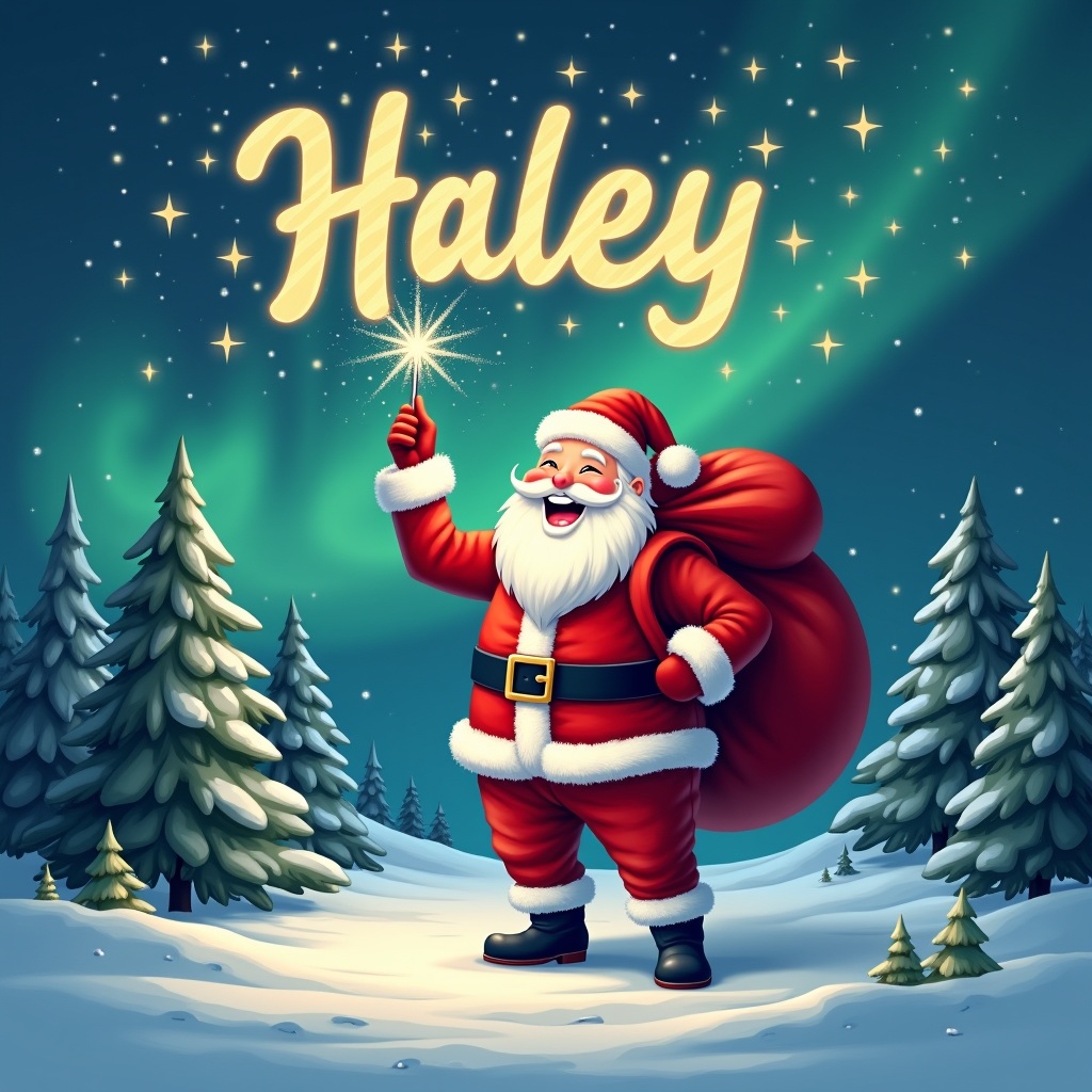 The image features a cheerful Santa Claus standing in a snowy landscape, holding a large red sack over his shoulder. He is dressed in his traditional red and white outfit with a belt and boots. In his hand, he holds a sparkly wand, pointing upward to write in the night sky. Behind him, the name 'Haley' is illuminated in glowing letters. Snowflakes fall gently around Santa, creating a festive feel in this winter wonderland, enhanced by snowy pine trees and enchanting northern lights.