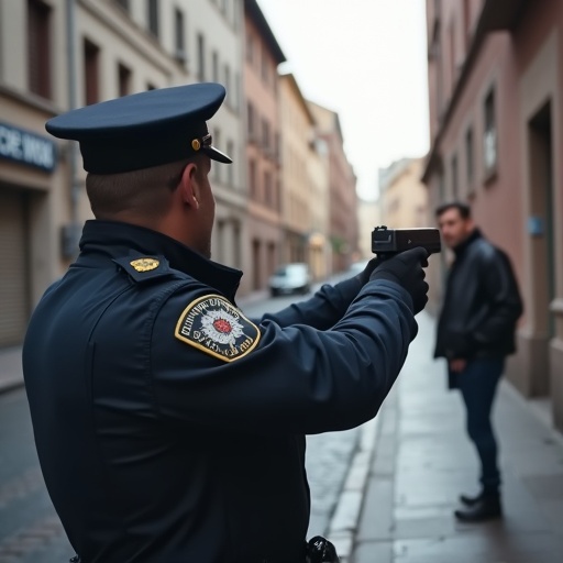 Police officer with a gun aimed at a suspect. Officer standing on a city street. Suspect shown from the back. Action occurring in broad daylight.