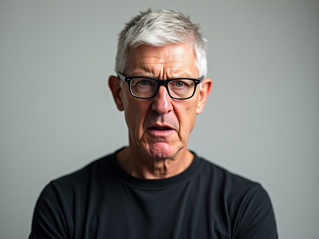 This is a portrait of an older man with gray hair and glasses. He has a serious and angry expression on his face. The background is a neutral gray, allowing his features to stand out prominently. His t-shirt is black, adding to the intensity of his look. The lighting is soft yet effective, emphasizing the emotion conveyed in his pose and expression. This image captures a moment of strong emotion, making it impactful for various uses.