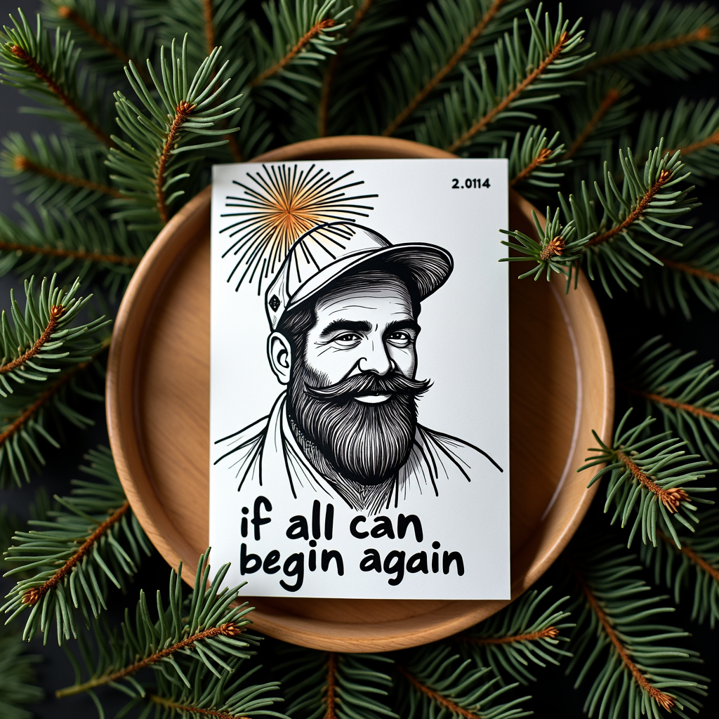 An artistic illustration of a bearded man with fireworks in the background, surrounded by pine branches, featuring the text 'if all can begin again.'