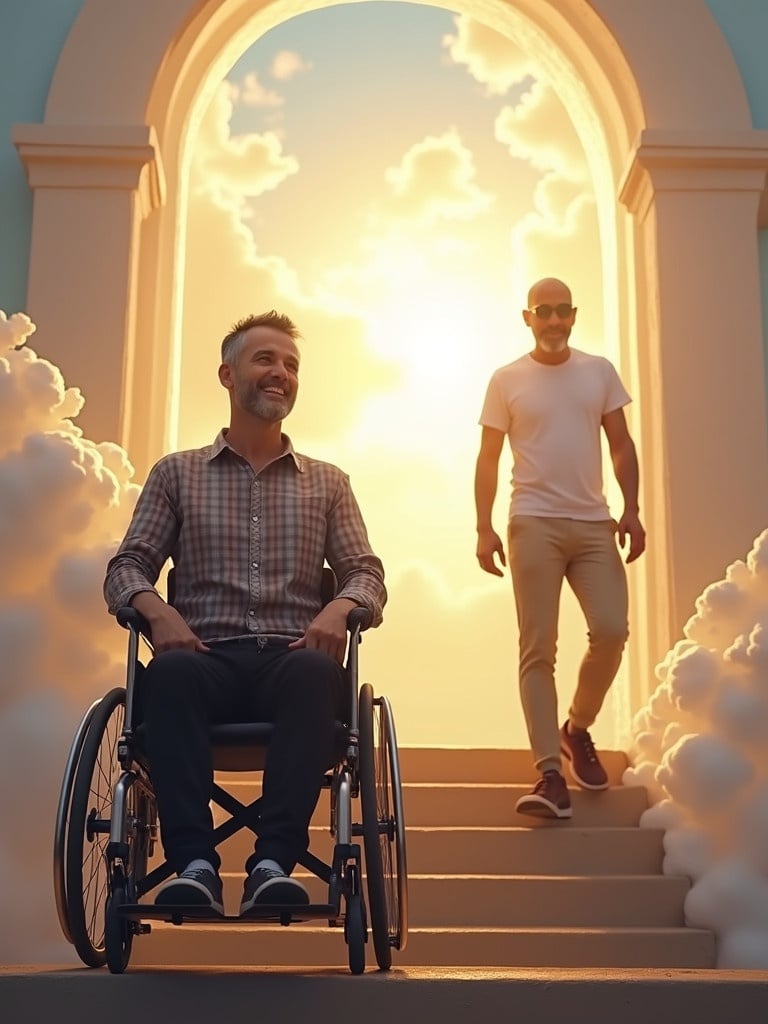 Setting in heaven with a man in a wheelchair waiting for his son. Man around 40 years old wears plaid shirt and black slacks. His son wearing white t-shirt and khaki pants approaches. Happy and peaceful atmosphere with clouds and light.