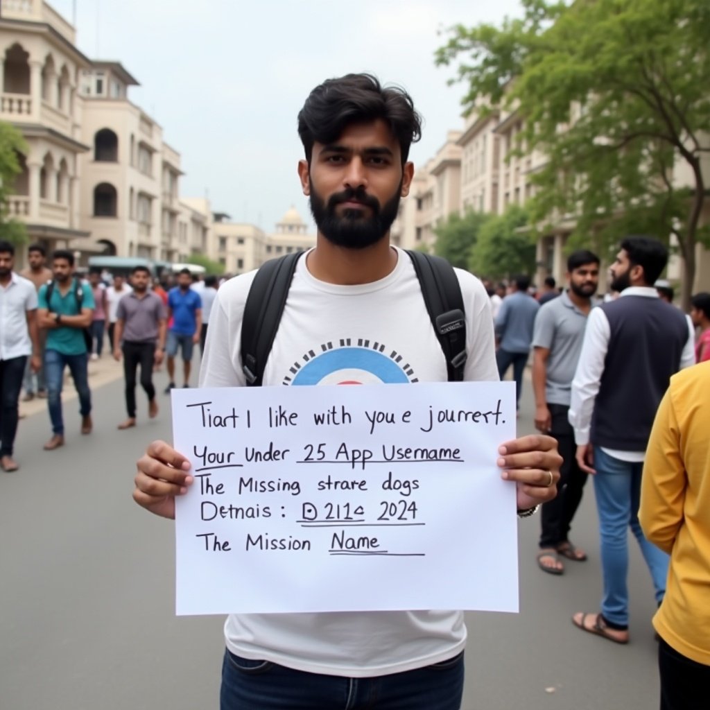 Photo shows an individual in a crowd at a city location. Person holds a sign with handwritten details including username and mission specifics. Focus on community service engagement.