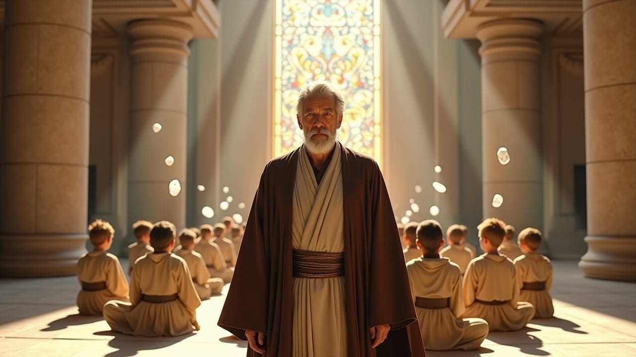 A cinematic 8K image showcases an ancient Jedi Temple filled with soft golden light. White and beige marble create the temple's structure with towering columns and intricate carvings. A wise Jedi Master stands in flowing brown robes and golden sash. Young Jedi apprentices are seated behind him in beige tunics. Floating stones glow faintly, surrounding the apprentices. Sunlight illuminates tall stained-glass windows depicting legendary battles.