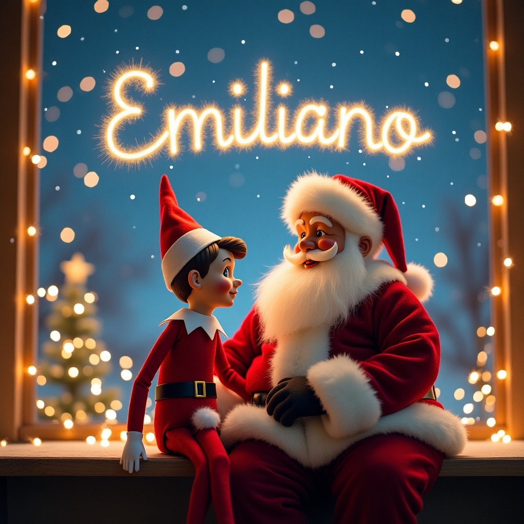 Festive image of a boy Elf on the Shelf sitting with Santa Claus at the North Pole. Emiliano written in the sky with sparkles.