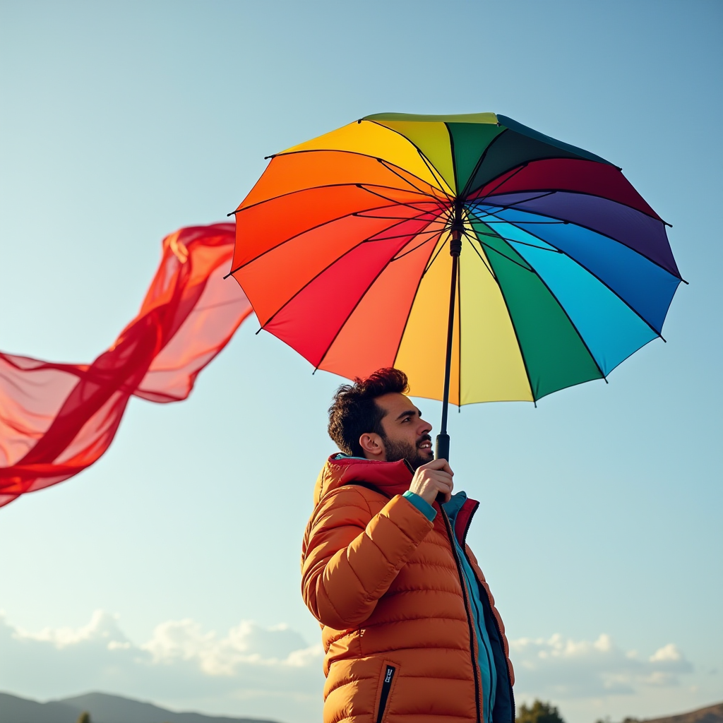 A person in an orange jacket holds a colorful rainbow umbrella against a clear blue sky with a red scarf trailing in the wind.