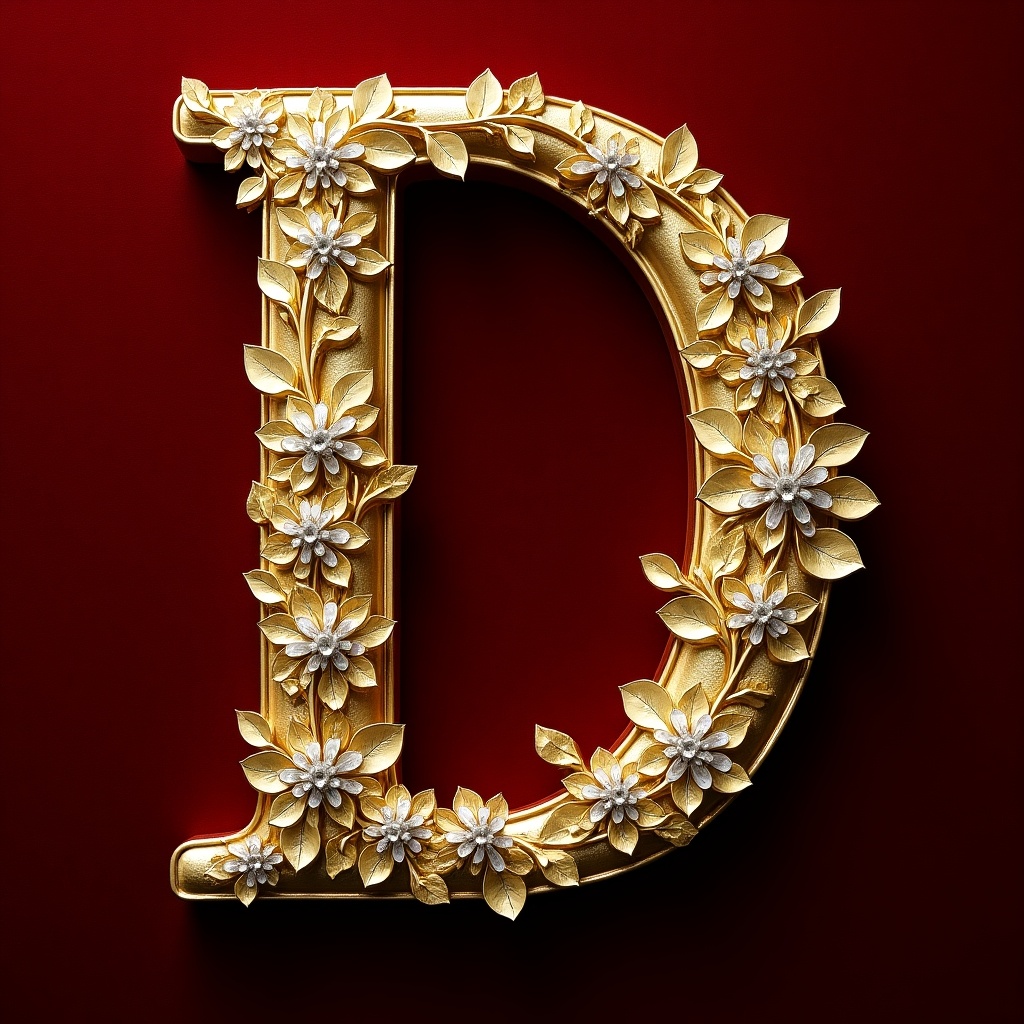 A richly embellished golden letter 'D' with intricate designs and floral elements.