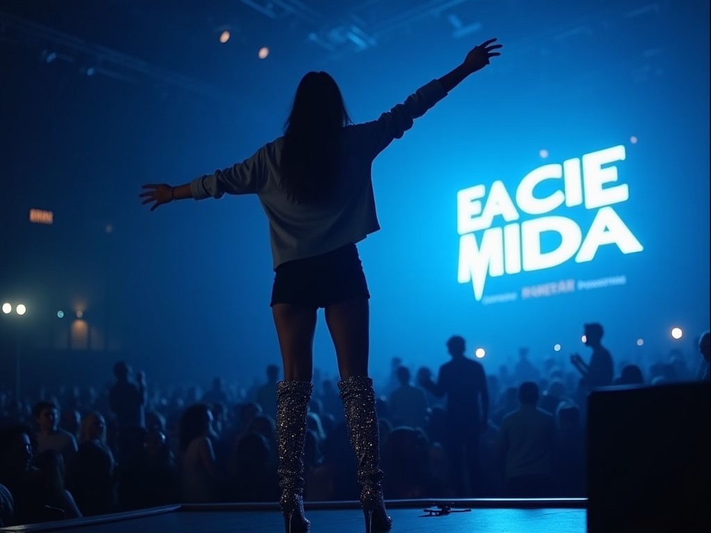 The image shows a dimly lit indoor setting, likely a concert or a live performance venue. In the foreground, there is a person on stage wearing a long-sleeve top and knee-high boots with a shimmering texture. The person appears to be reaching out towards the audience. The background is dark, with faint outlines of the crowd and illuminated signage, suggesting a lively, energetic atmosphere. Blue lighting casts a cool tone over the scene, enhancing the concert vibe.