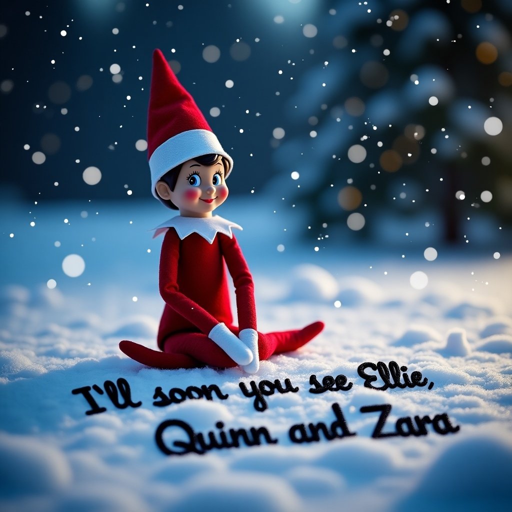 The image depicts a cheerful Elf on the Shelf sitting in a beautiful snowy landscape at night. The Elf is dressed in a traditional red outfit with a playful smile. The snowy ground features the phrase 'I’ll soon you see Ellie, Quinn and Zara' artistically written in black. The scene is illuminated by soft, ambient lighting, creating a warm and magical feel despite the cold imagery. Snowflakes gently fall around, enhancing the holiday spirit. This enchanting setup invites viewers into a whimsical winter wonderland where the Elf is ready for Christmas adventures.