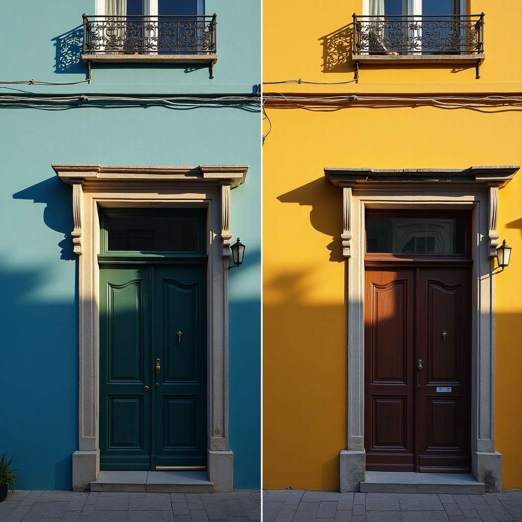 This image features two contrasting doors set against colorful backgrounds. The left side showcases a deep teal door paired with a bright blue wall, while the right side features a rich brown door against a cheerful canary yellow backdrop. Both doors are framed by classic moldings, enhancing their appeal. The perspective is front-facing, allowing for direct view of the doorways. The warm lighting creates shadow effects, giving depth to the textures of the doors and walls. This setting invites viewers to appreciate the harmony of color and form in urban architecture.