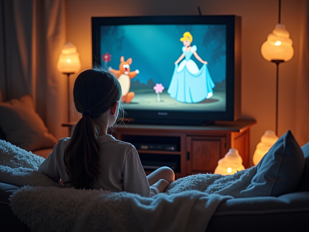 A young girl watches the Cinderella cartoon on a television in a cozy, dimly lit room. The warm glow of lamps around her creates a soothing ambiance. She is seated comfortably on a soft couch, fully engaged with the animation on screen. The room has a homey feel, perfect for enjoying family film nights. The image captures a moment of childhood wonder and the magic of storytelling through cartoons.