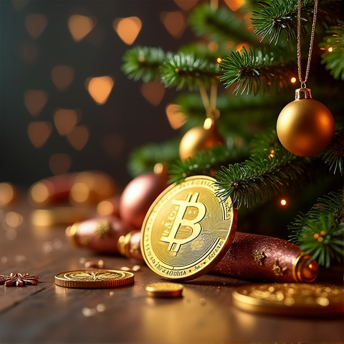 A Bitcoin coin placed under a Christmas tree with golden ornaments, conveying a mix of cryptocurrency and holiday themes.