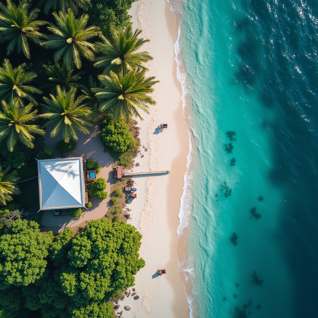 Aerial view of a tropical beach with turquoise water, lush palm trees, and a small structure nestled in the greenery.