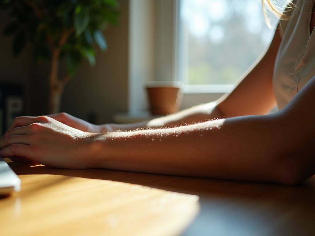 The image captures the forearms of a person typing on a keyboard, illuminated by natural sunlight streaming through a nearby window. The scene conveys a serene and focused work environment, with the light casting soft shadows and highlighting the texture of the skin and the wood grain of the desk.