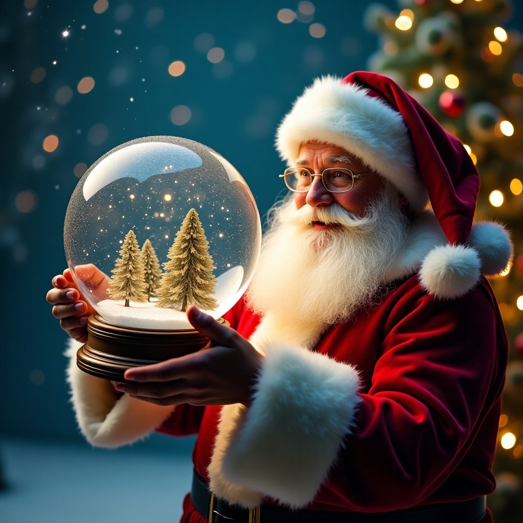 Santa holds a snow globe and gazes at it. The globe contains small trees. Background shows Christmas decorations. Soft lighting adds warmth to the scene. Focus on Santa's expression and the globe.