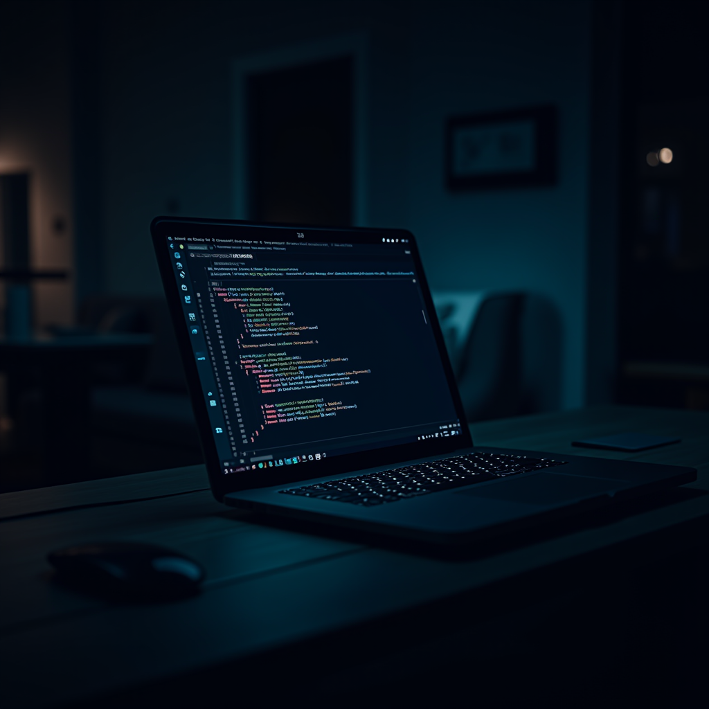 A laptop displaying code on the screen, set in a dimly lit room with a serene ambiance.