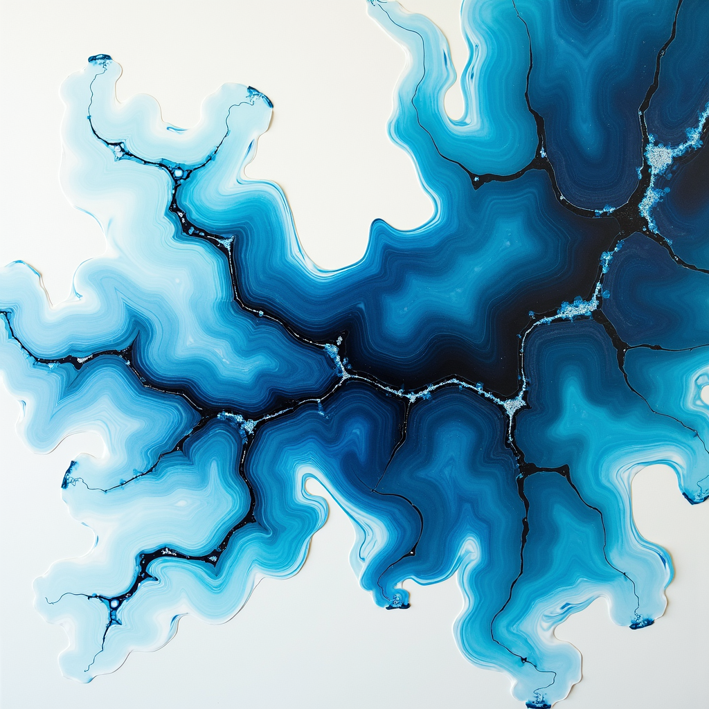 An abstract pattern of blue and black fluid shapes resembling ocean currents.