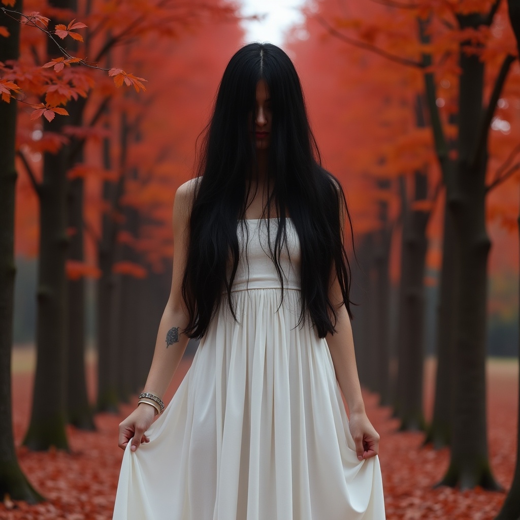 This image features a woman standing in a serene forest. She is dressed in a plain white gown that flows to the ground. Her long black hair hangs down, obscuring her face, adding a mysterious vibe. The backdrop consists of vibrant red autumn trees, creating a stunning contrast with her attire. The soft lighting enhances the ethereal feel of the scene.