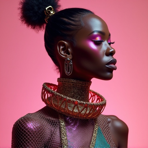 Futuristic avant garde couture style portrait. Focus on luxury fashion showcasing vibrant colors and high-impact accessories. The model exudes confidence and elegance. Features metallic and fishnet elements. Evokes a sense of alternate reality and high art. The background is a striking pink to enhance the overall aesthetic.
