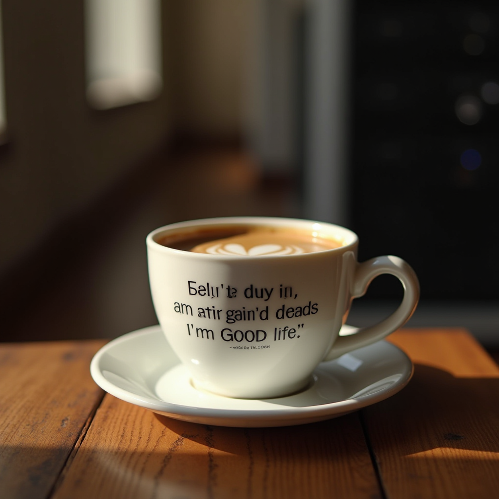 A latte with intricate foam art sits in a cup with a playful text, placed on a wooden table in a softly lit room.