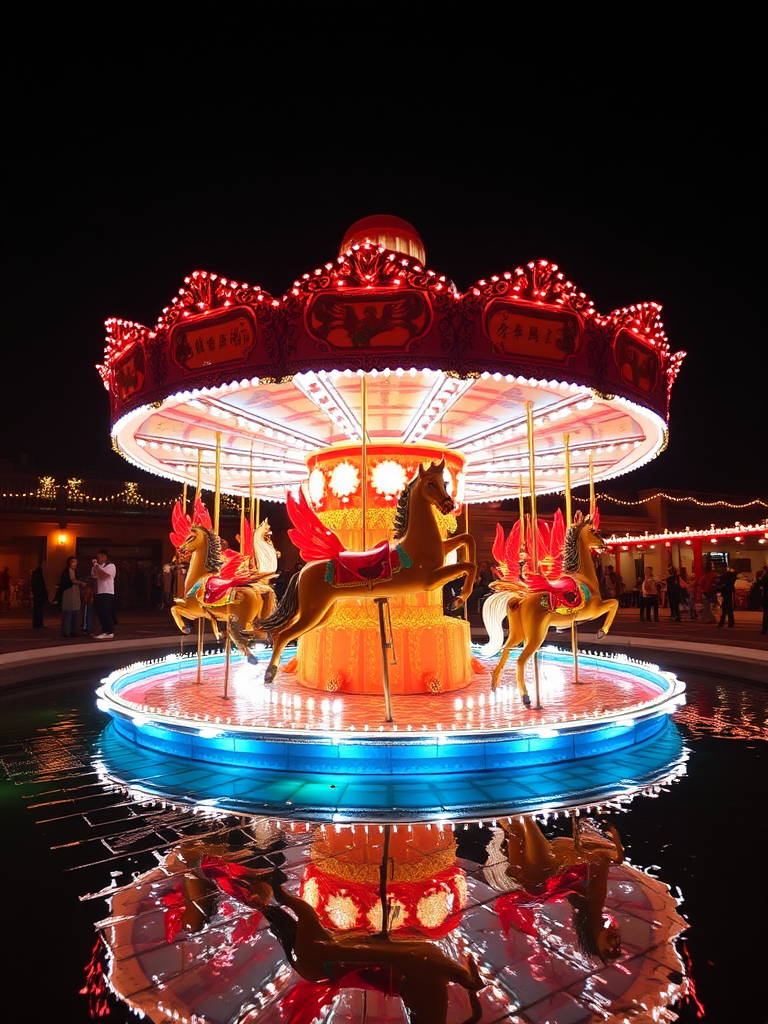 A glowing carousel with illuminated horses and vibrant red and gold colors reflects on a glossy surface, set against a dark, night sky.