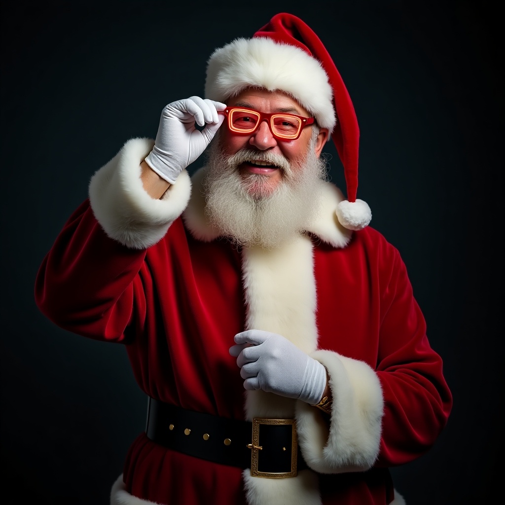 Image depicts Santa Claus dressed in red and white suit. Santa holds eyeglasses, showing a joyful expression. Dark backdrop highlights the scene. Spirit of the holiday season expressed vividly.