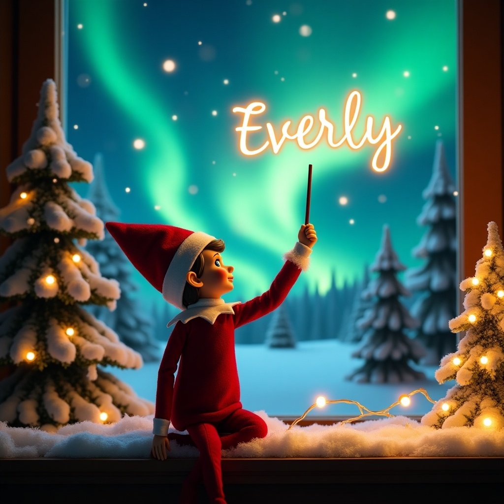 An enchanting Christmas scene features a playful elf on the shelf. This elf, dressed in classic red and white attire, sits facing the sky with its back to the viewer. It holds a magic wand and creates glowing words 'Everly' in bright script above. Behind the elf, breathtaking northern lights light up the winter sky with vibrant colors. Around the elf, snow-covered trees decorated with twinkling lights contribute to a warm, festive ambiance. The overall atmosphere evokes a sense of holiday wonder and joy.