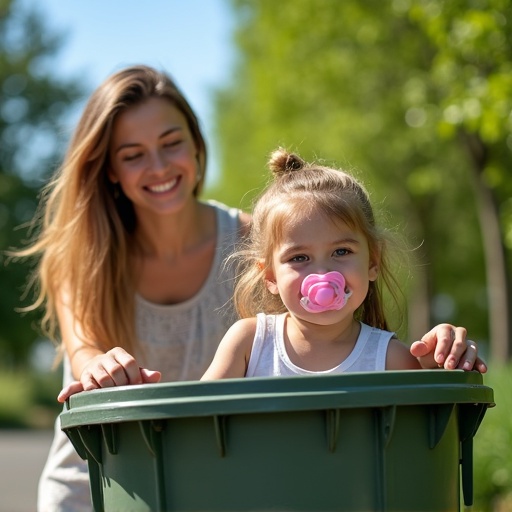 Mother engages in playful behavior with daughter holding a huge pacifier. Scene depicts a cheerful outdoor interaction. Bright sunny background enhances the joyful mood.