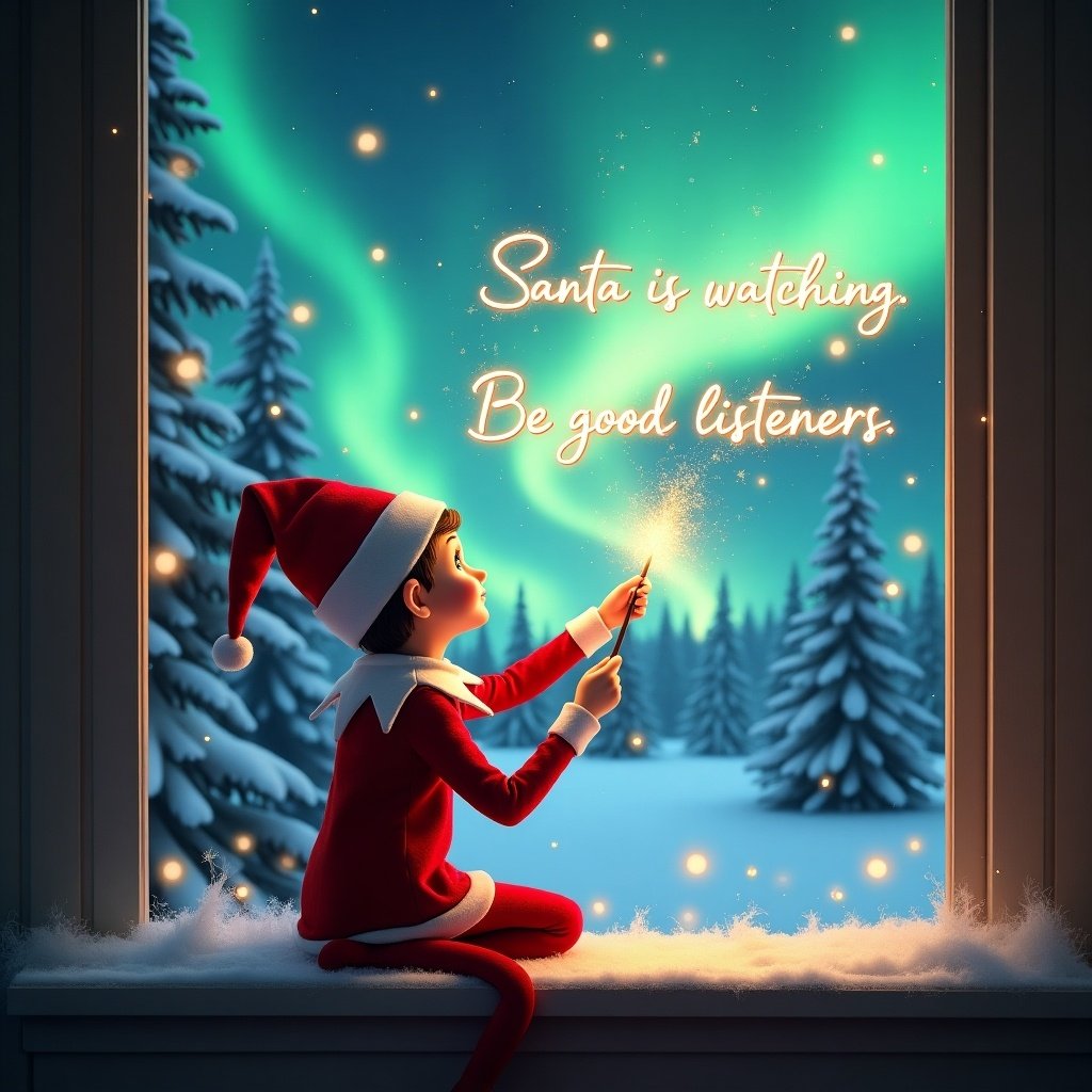 Elf sits on window ledge. Back turned to viewer. Magical wand creates sparks. Looking at northern lights. Festive holiday atmosphere. Winter wonderland background with snow-covered trees. Dressed in red outfit with white trim, embodying Christmas spirit. Enchanting colors enhance magical ambiance.