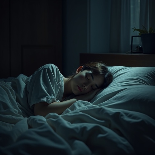 A person sleeping in a dark room covered with a blanket. A black lamb is looking at them from the side.