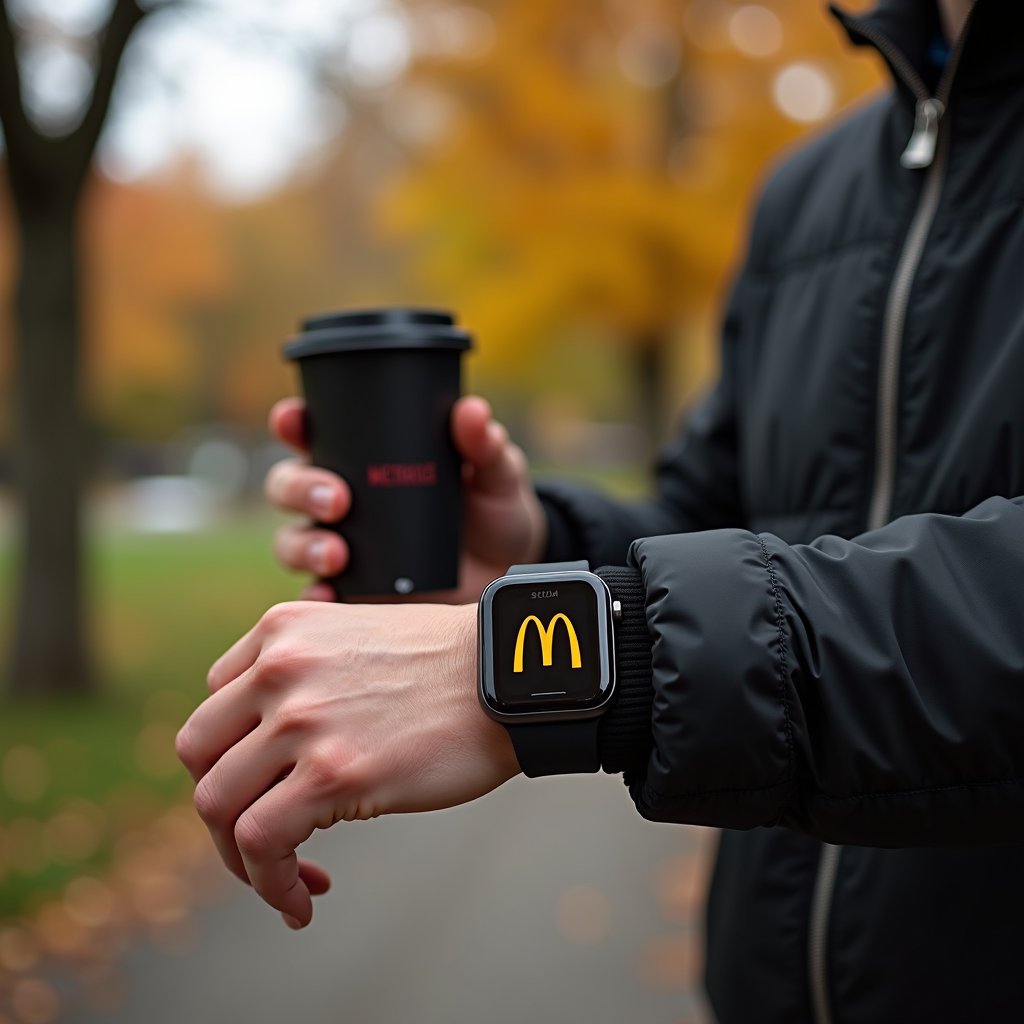 A person in a park holds a coffee cup while checking a smartwatch displaying the McDonald's logo, surrounded by fall foliage.