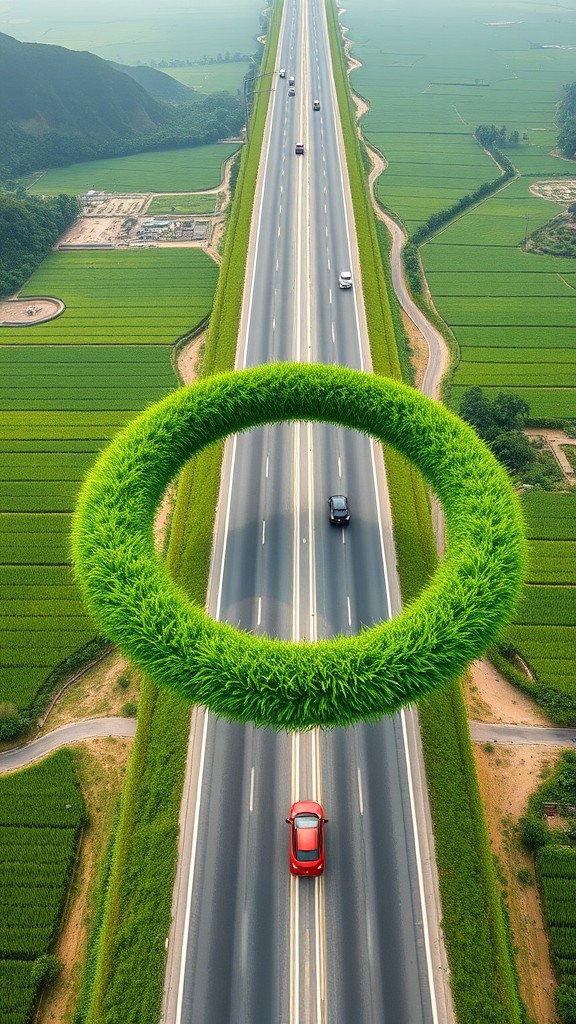 A lush green ring of vegetation floats above a long, straight highway cutting through vibrant fields and farmlands.