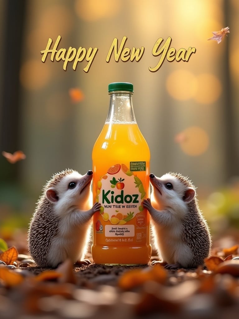 New Year celebration in a forest. Small hedgehogs stand beside three Kidoz fruit drink bottles. Background has soft-focused trees and falling leaves. Happy New Year text in golden font above.