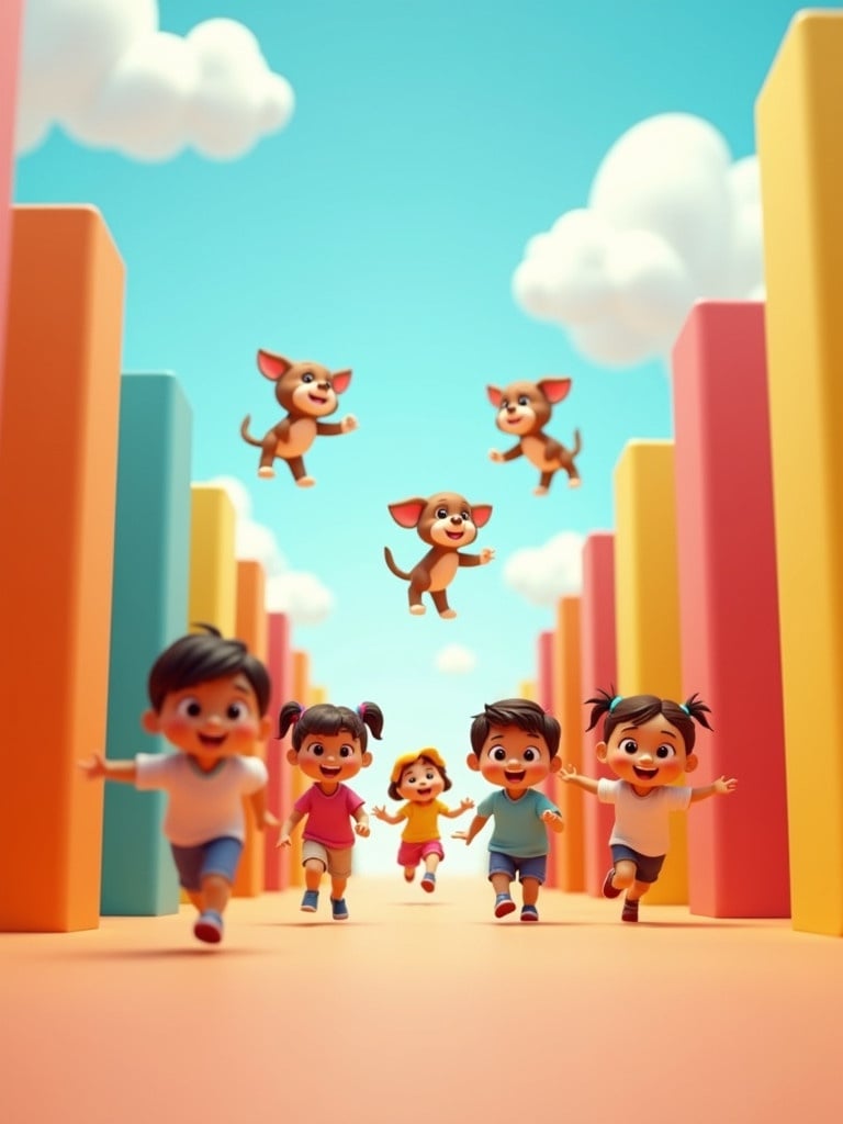 Group of children running through colorful pathway. Surrounding tall vibrant squares. Setting is playful and inviting. Cartoon puppies jumping in sky.