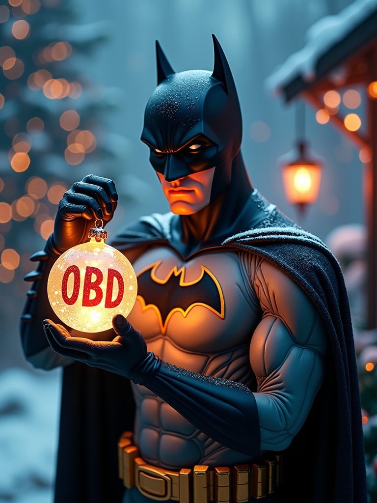 Enchanting Christmas scene features Batman. Batman holds a magical ornament that says OBD inside. Background has vibrant northern lights. Snow and decorated trees enhance the holiday feel. A delightful blend of superhero charm and holiday spirit exists.