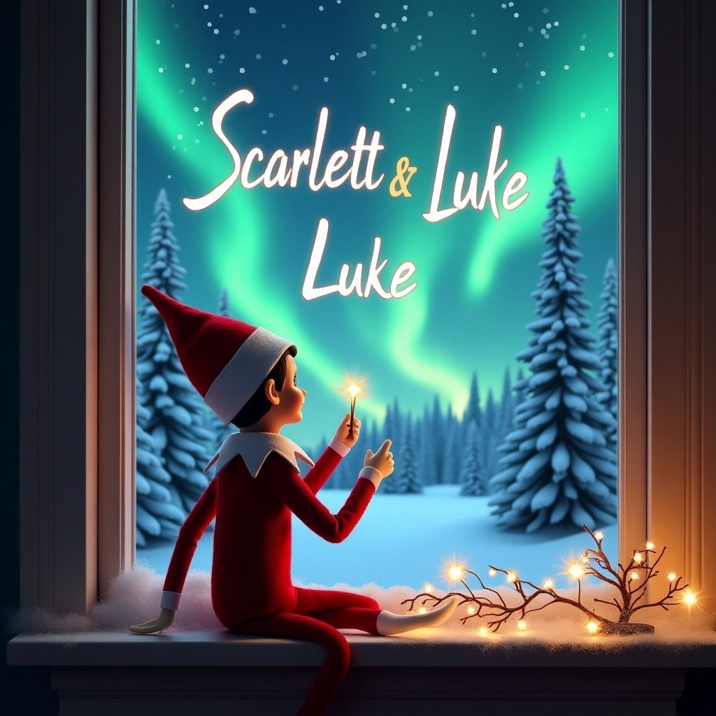 The image features an elf on the shelf, seated with his back facing the viewer. He gazes up at the sky, using a magic wand to write in the air. The scene outside the window is enchanting, showcasing a winter wonderland complete with snow-covered trees and vibrant northern lights. Above the trees, the names 'Scarlett' and 'Luke' are elegantly formed in the sky, reminiscent of holiday magic. The entire composition conveys a warm and festive ambiance, perfect for the Christmas season.