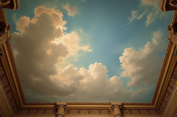 The image shows a ceiling painted to look like a realistic sky with clouds.