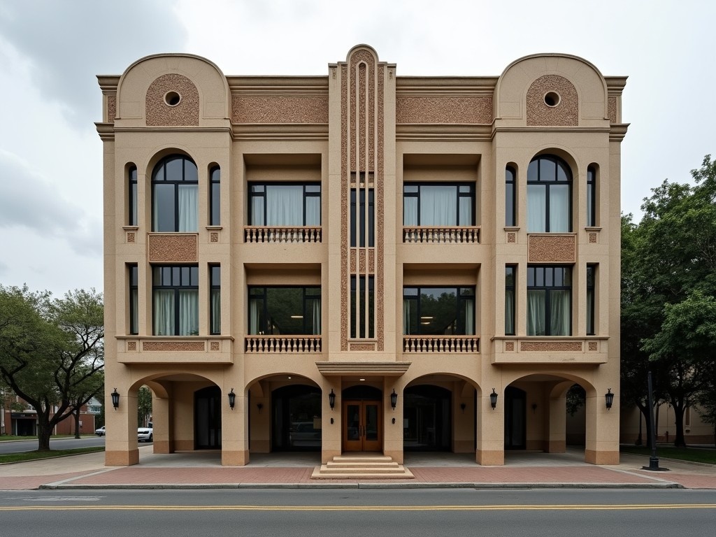 This image showcases a stunning Art Deco building with intricate design elements that characterize the architectural style. The facade, made of laterite stone, presents a unique texture and color, enhancing its visual appeal. Elevated on stilts, the ground floor features a curtain wall design, creating an open feeling underneath. The elegance of the building is further complemented by Art Deco-style windows, adding to its charm. Surrounding the structure, a tree-lined road and a cloudy sky provide a picturesque urban setting that enhances the overall ambiance.