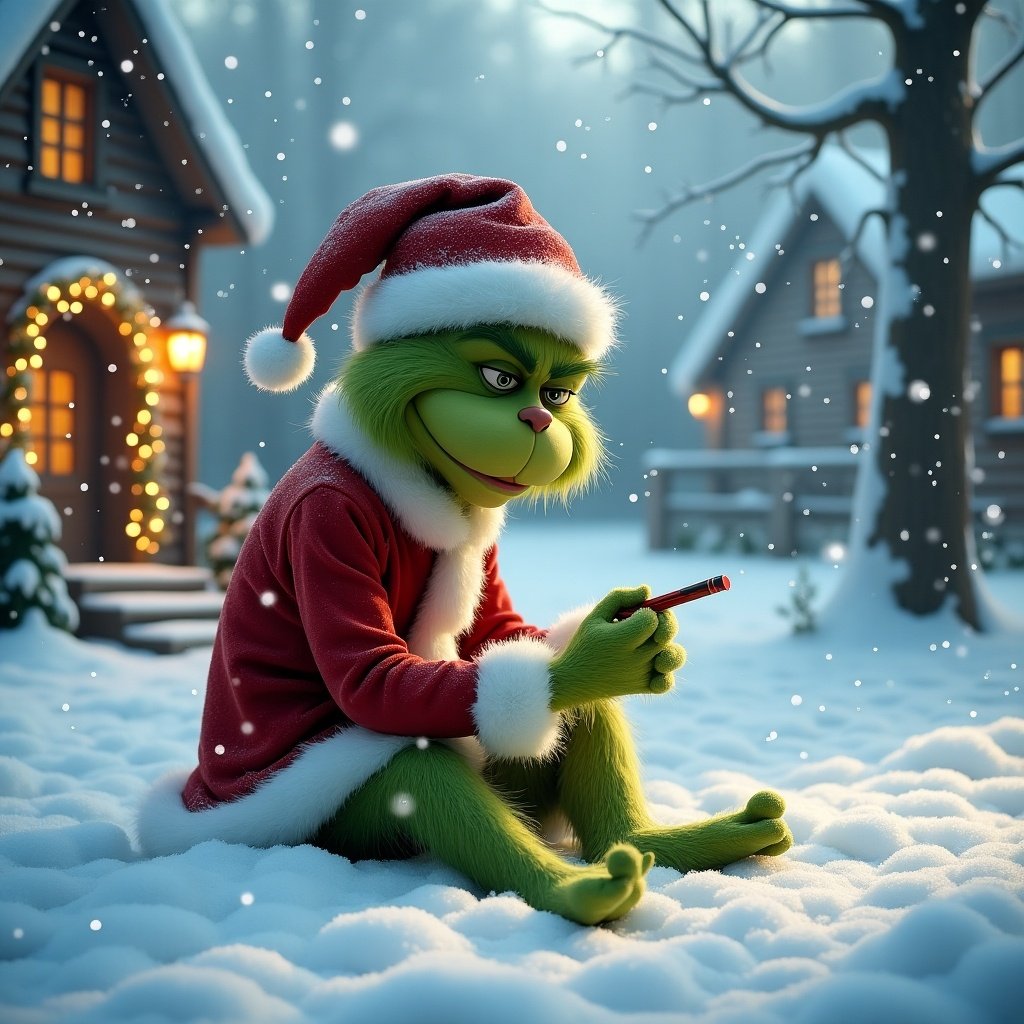 Grinch in Christmas attire sitting in a snowy landscape. Writes Jenson in the snow. Soft snowflakes fall. Cozy cottages with lights surround him. Moment showcases creativity and spirit of giving.