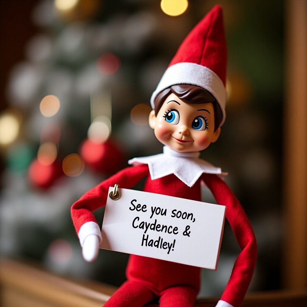 Elf figure in red clothing holds a sign. The sign says 'See you soon, Caydence & Hadley!'. Background features a Christmas tree with decorations.