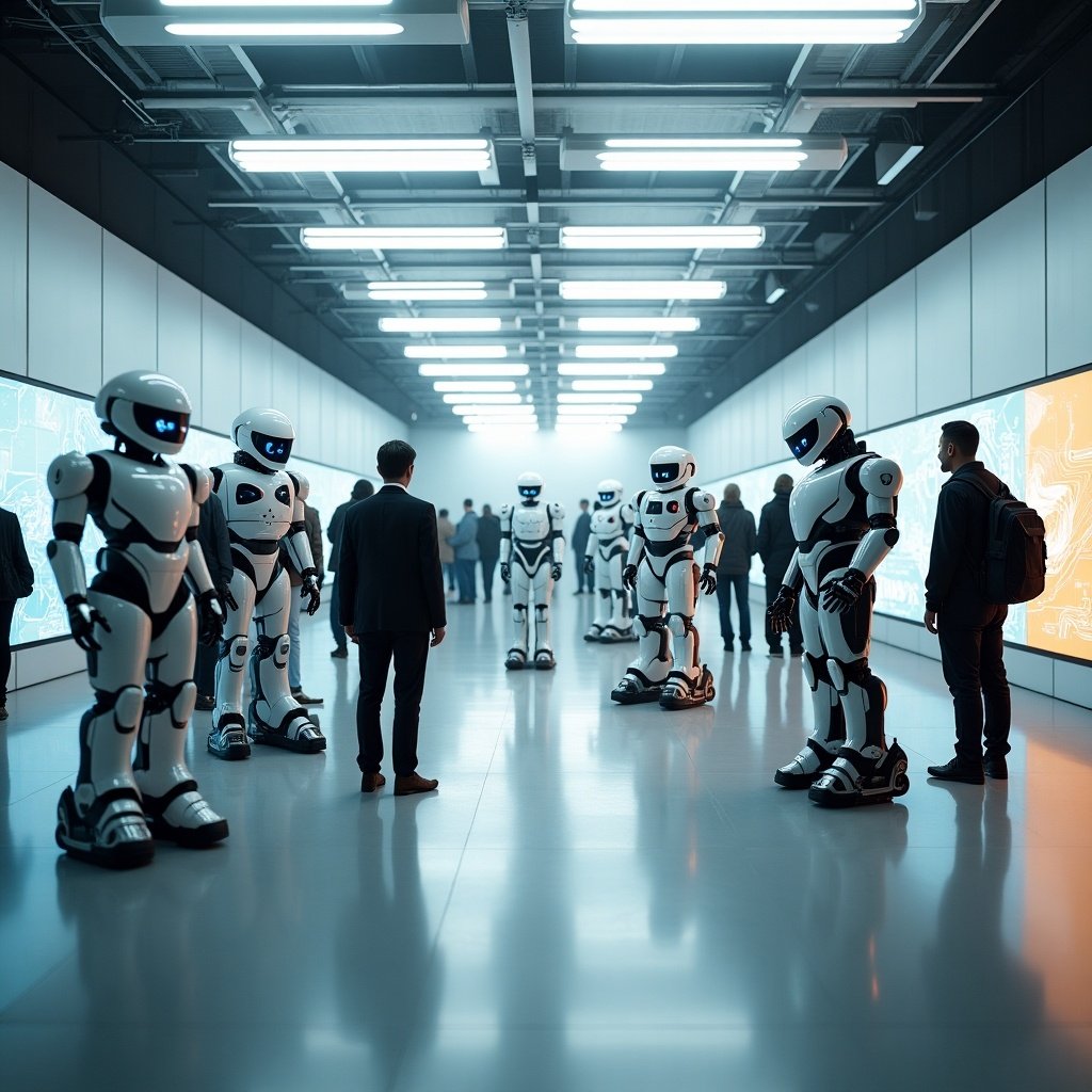 Hall features futuristic robots interacting with people. Bright, spacious environment with sleek design. Robots designed with a modern aesthetic and LED eyes. Atmosphere combines technology and human interaction.