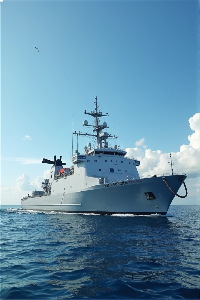 A large naval vessel sails confidently under a clear blue sky, with calm seas and a lone seagull gliding above.