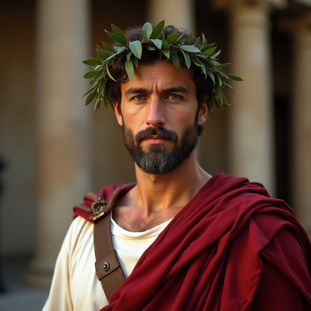 The image depicts a man dressed in a traditional Roman toga, adorned with a laurel crown. His expression is serious and dignified, projecting a sense of authority. The deep crimson of the toga contrasts beautifully with olive green leaves of the crown. This scene is set against a backdrop of classical Roman columns, enhancing the historical context. The lighting is soft, bringing out the texture of his beard and the folds of the fabric. The atmosphere evokes the grandeur of ancient Rome and its notable figures. The subject appears regal, reminiscent of historical depictions of Roman leaders or actors portraying them in theater.