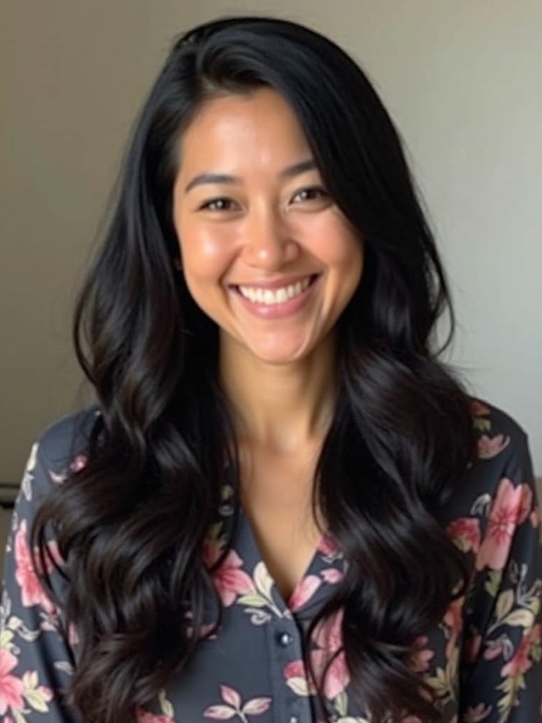 A woman with long black hair wears a floral top. She smiles warmly at the camera. Soft natural lighting highlights her features. The angle shows her upper body. The background is simple and unobtrusive.