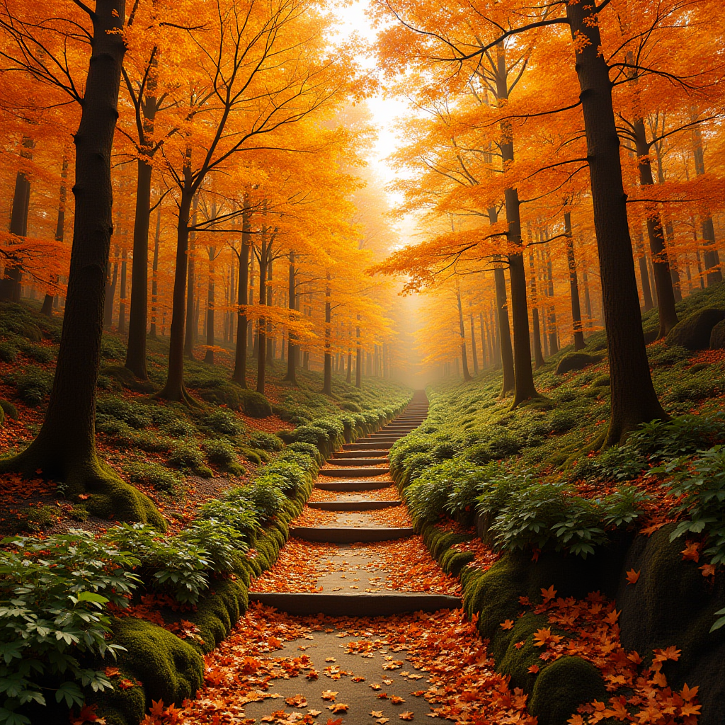 A serene forest pathway covered with autumn leaves, surrounded by vibrant orange foliage.