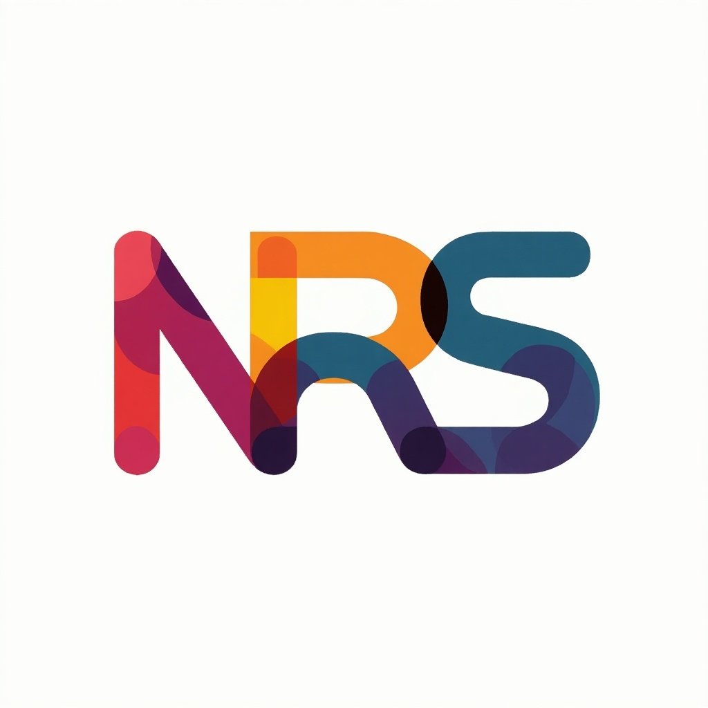 Colorful logo design with the letters N R S. Stylized with abstract shapes. Bright and modern aesthetic.