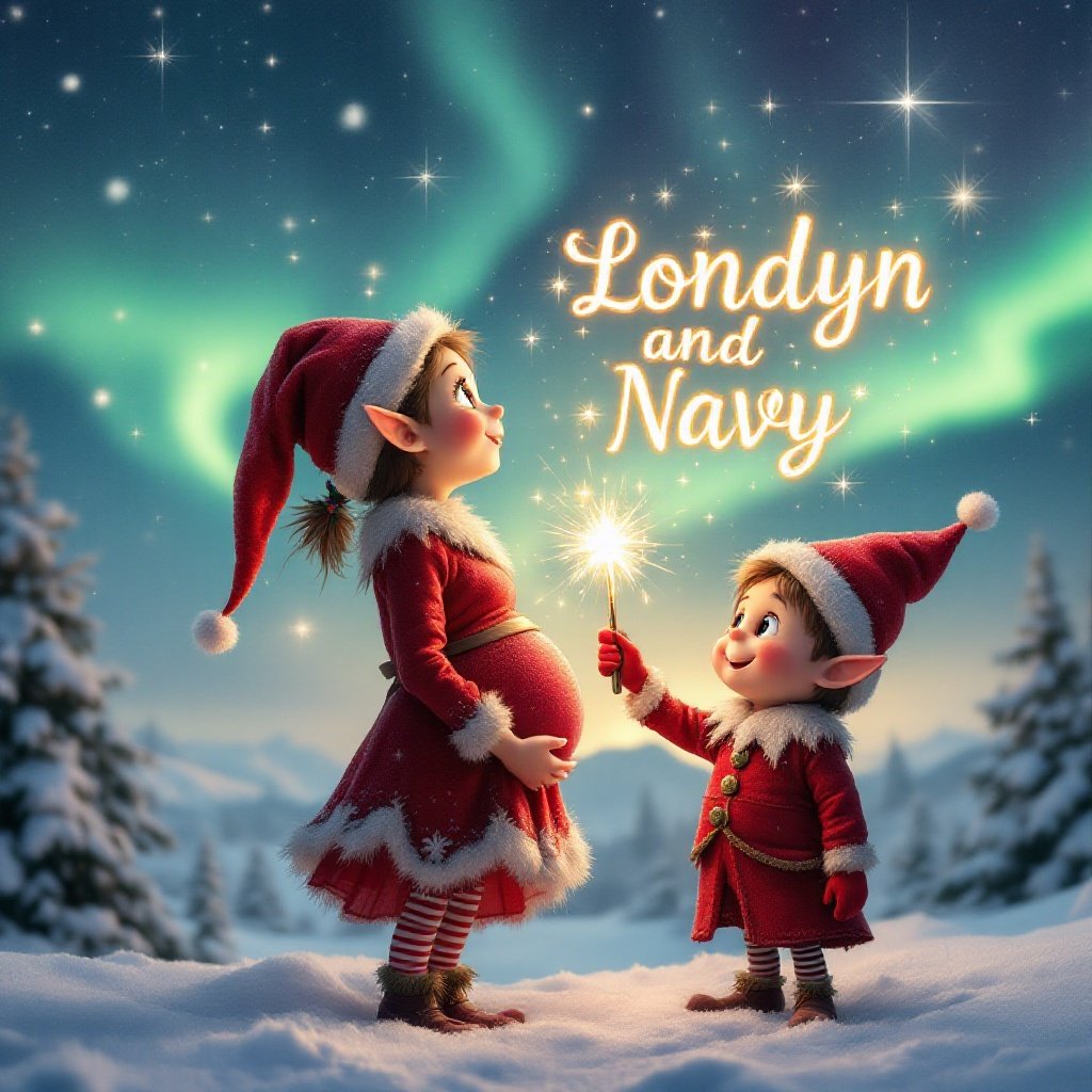 Enchanting Christmas scene with two elves. One elf is pregnant with a skirt. The other elf is smiling and holding a magic wand. The wand creates glowing text in the air. The background shows vibrant northern lights. A festive atmosphere captures the spirit of Christmas.