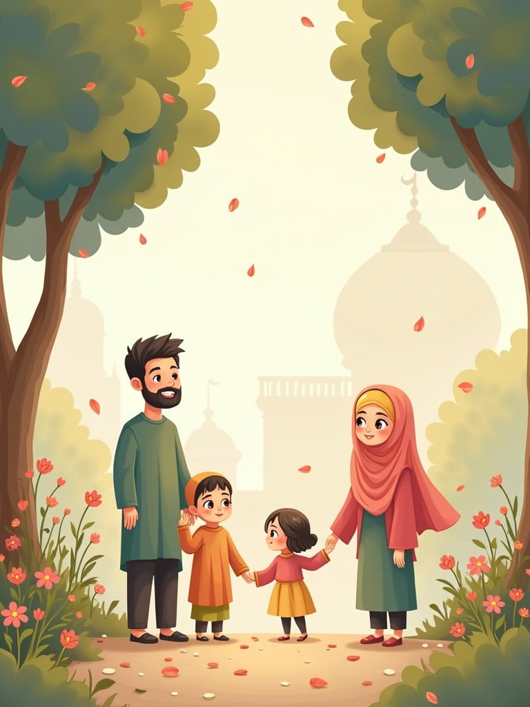 Illustration of a warm scene with a Muslim family. Four characters including two daughters and their parents. Trees and floral elements surround them. Characters enjoy Eid's cheerful atmosphere. Kawaii style with soft pastel colors. Large expressive eyes add charm. Gentle breeze carries flower petals.