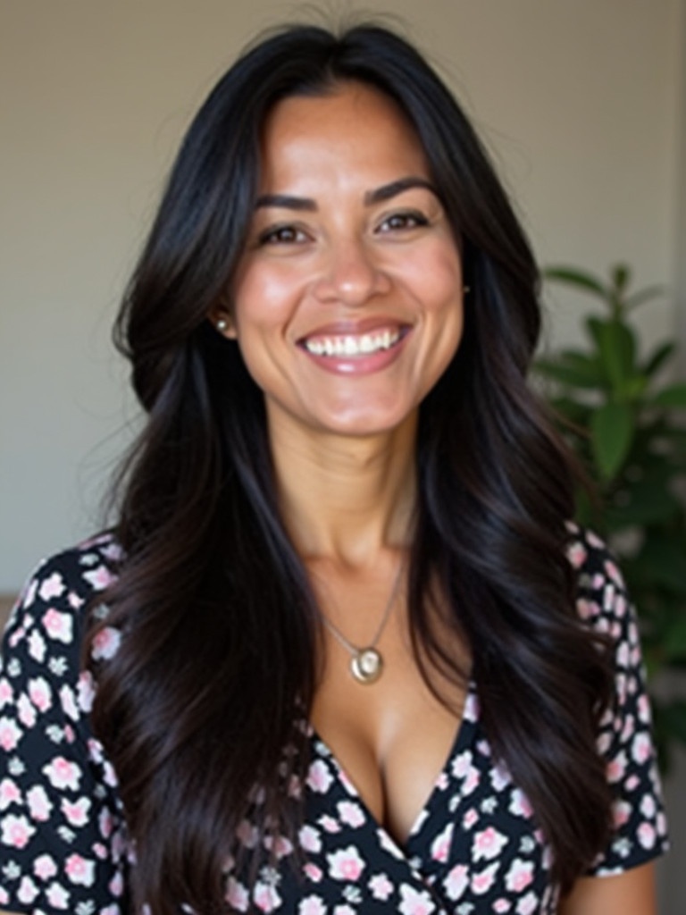 A woman has long black hair. She wears a floral top. She smiles warmly at the camera.