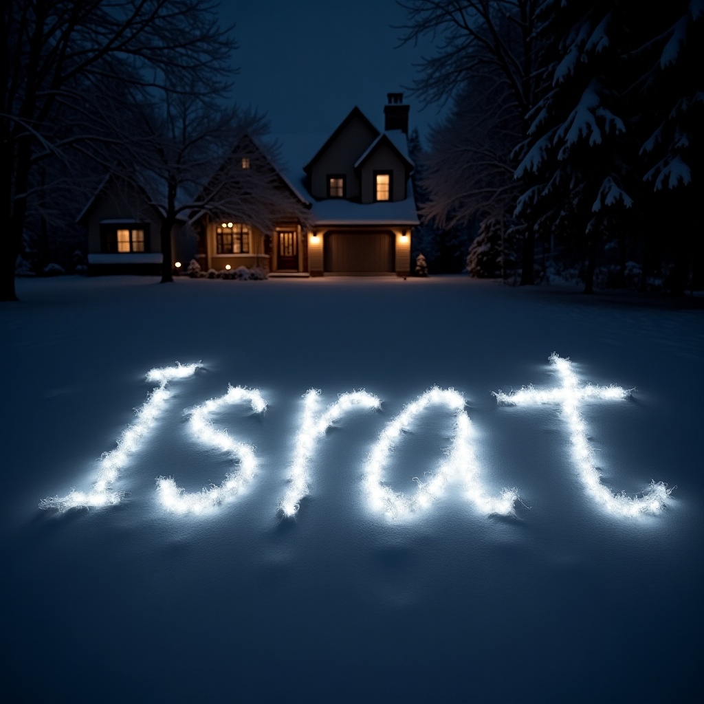 Written name Israt on fresh snow at night. Snow covers the ground around the house. Soft light shines on the front of the house. Dark sky surrounds the scene.